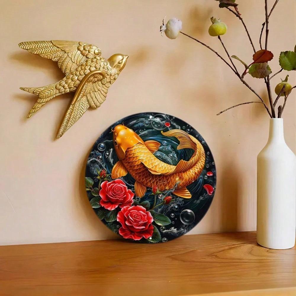 Charming Gold Koi Fish Aluminum Metal Art Sign UV Scratch Resistant Indoor Outdoor Wall Decor