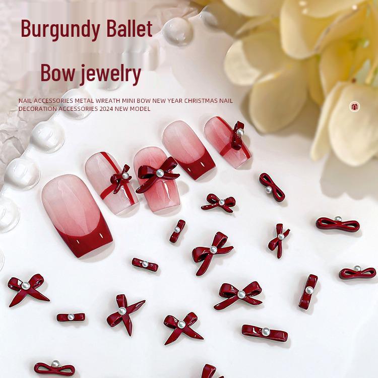 

2024 New Year Rhinestone & Pearl Nail Art Bows – Red Ballet Bride Style