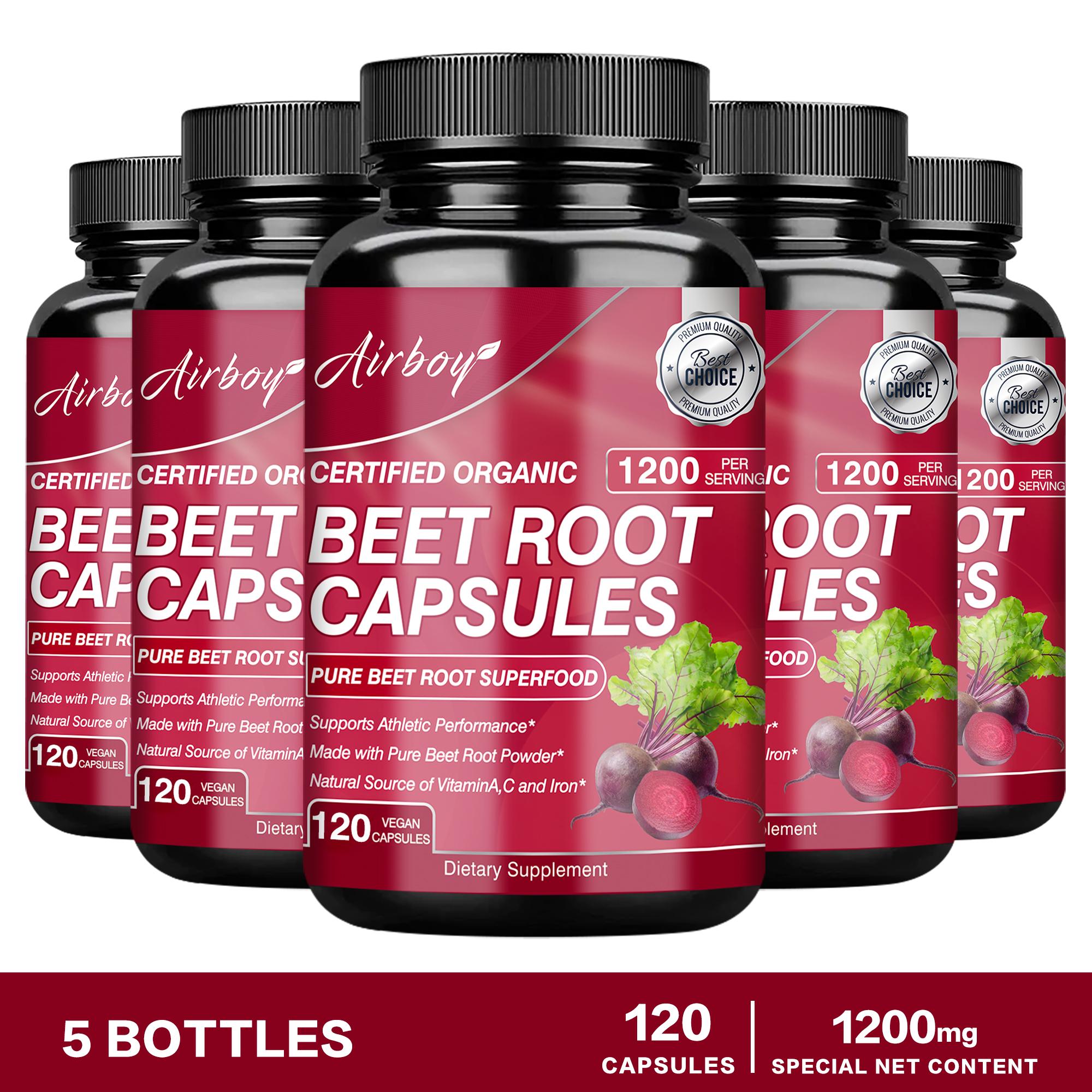 Cápsulas de beterraba, altamente absorvíveis, 1200 mg de pó de beterraba orgânica por dose, adequadas para homens e mulheres. 120*5