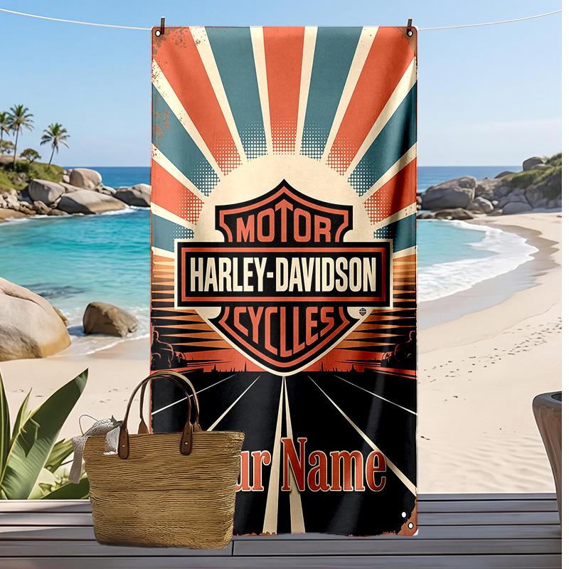 Asciugamano da Spiaggia Personalizzato Harley-Davidson, Stampa il Tuo Nome Testo Asciugamano Leggero Assorbente per Nuoto Viaggio