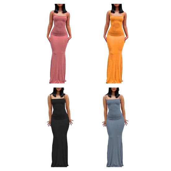 Women Sling Dress Sleeveless Square Collar Slim Fit Floor Length Dress Solid Color Office Party Wedding Sexy Dress