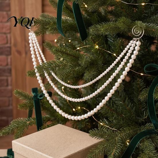 Christmas Tree Beaded Garland Faux Pearl Garland, Multi-Strand Swag Hanging Banner, Chain Classy Indoor Decorative Garlands Mantel Decoration