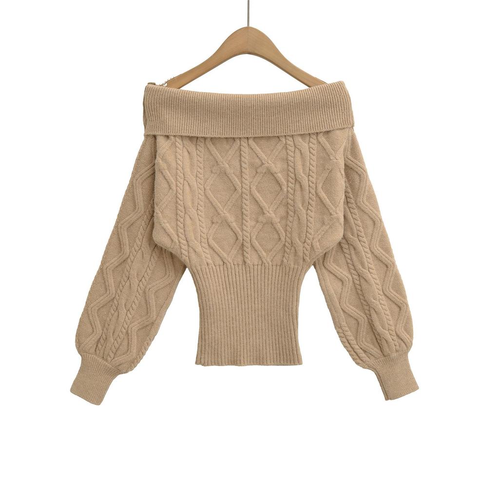 Women's One-Shoulder Sweater - New Korean Style, Waist-Cinching Casual Knit Top