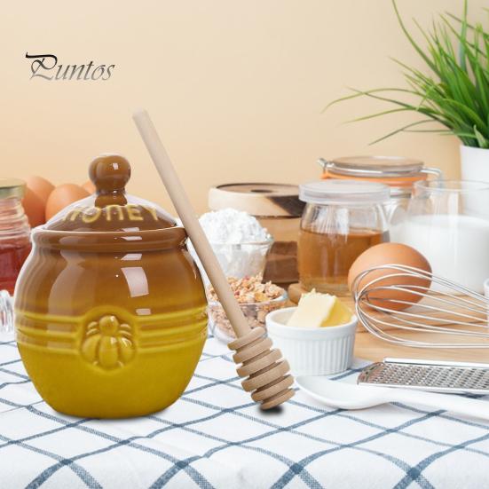 350ml Ceramic Honey Jar Farmhouse Honey Pot with Wood Honey Dipper Stick Retro Honey Dispenser Kitchen Decor for Mother's Day Wife Gift