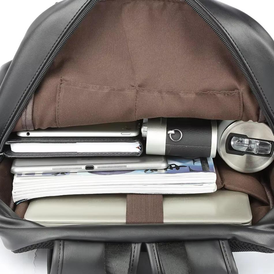 Men Laptop Backpack Large Leather Waterproof Travel Rucksack School Black Bag Soft New Adjustable Straps Leather Backpacks