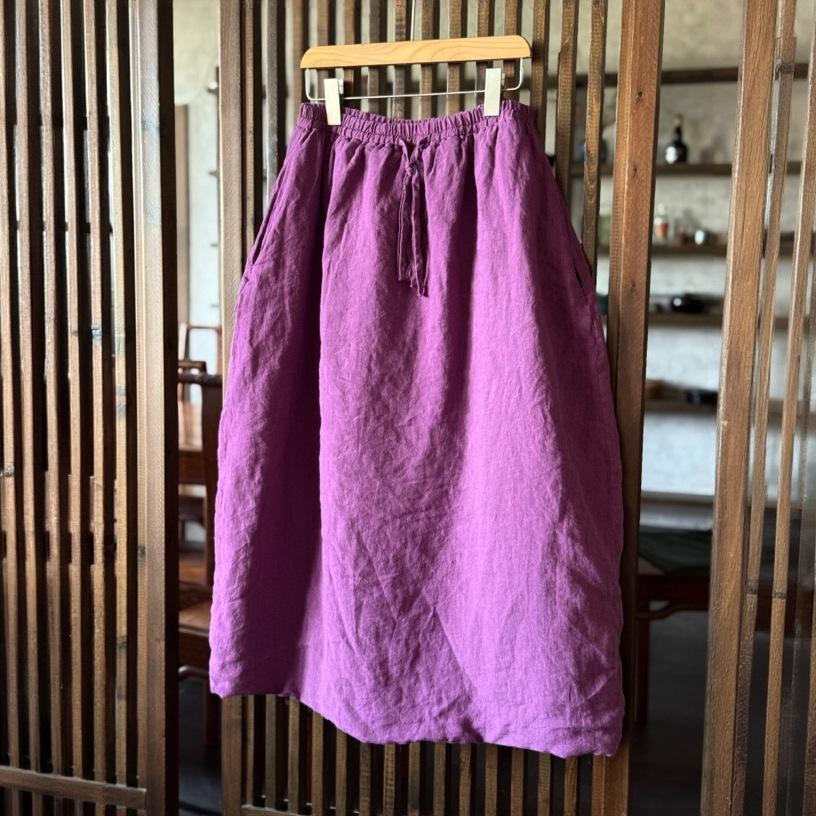 Johnature Women Vintage Spring Skirts Elastic Waist Solid Color Belt Pockets Female A-Line Skirts