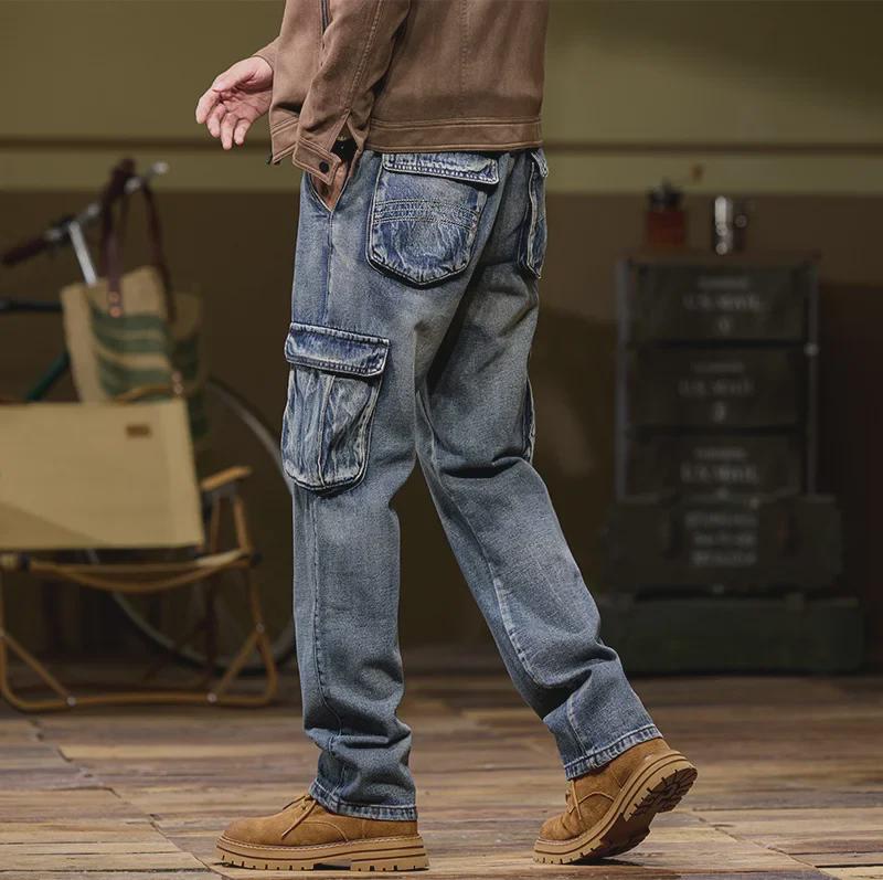 Vaqueros de trabajo de pierna ancha para hombre con múltiples bolsillos: holgados, resistentes al desgaste, elásticos, talla grande, para otoño/invierno 2024