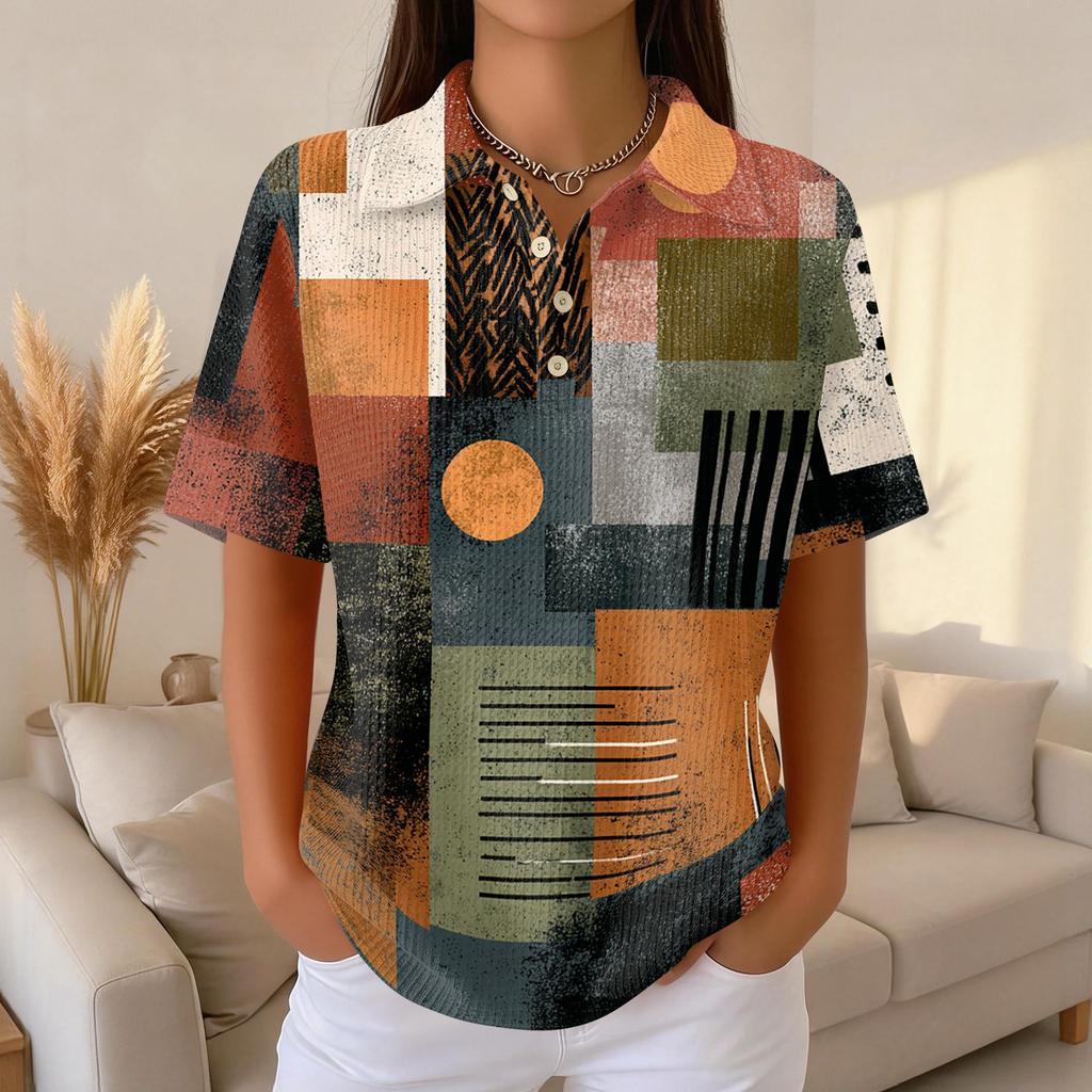 Women's Casual Short Sleeve Waffle Knit Polo Shirt Retro Floral Print Button Down Top Lightweight Breathable Summer Blouse