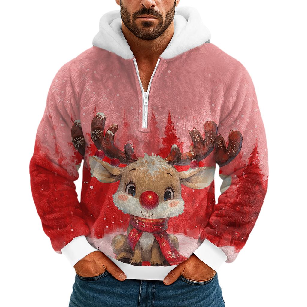 Pánská plyšová mikina s kapucí a polovičním zipem