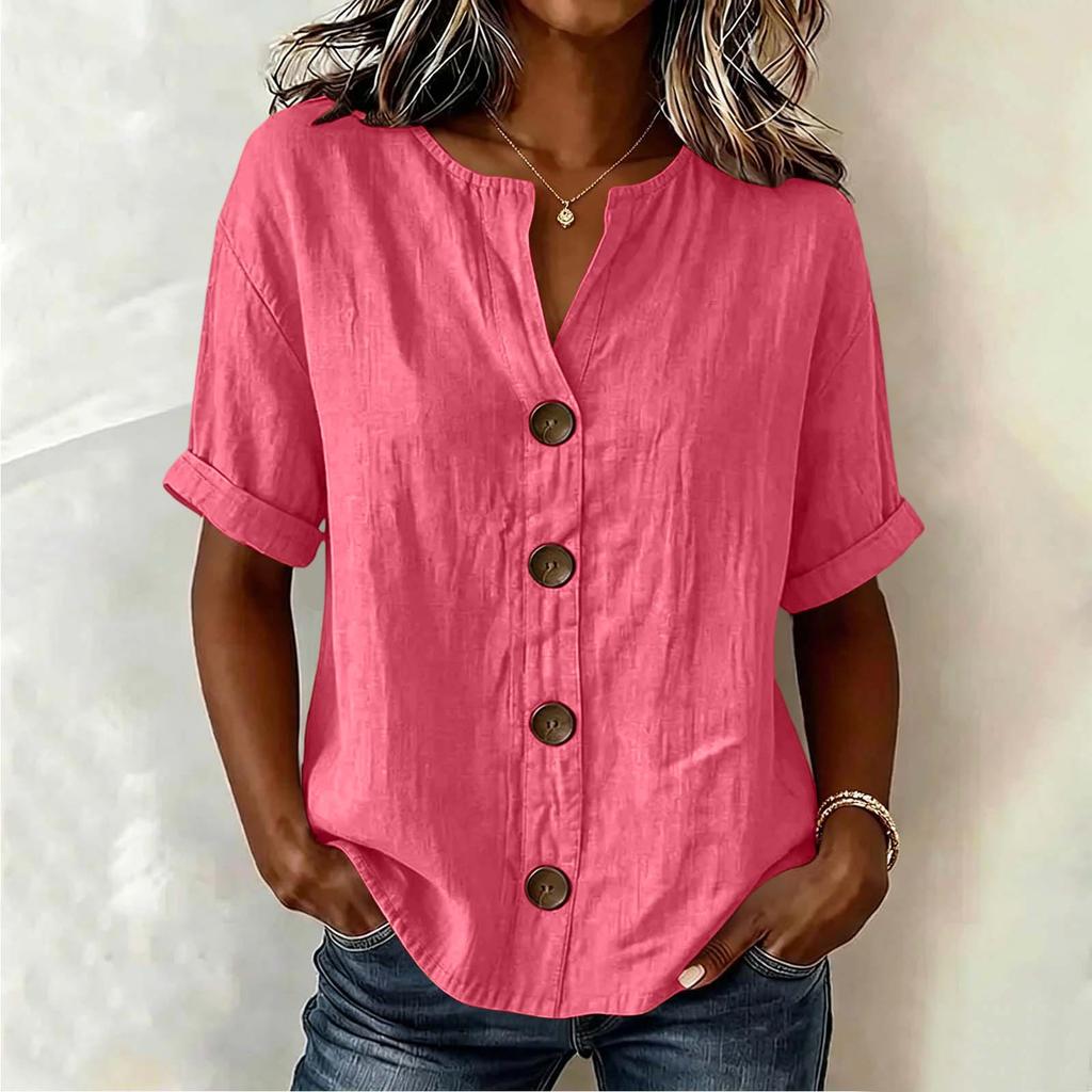 Women'S Elegant V Neck Short Sleeve Button Down Cotton Linen Blouse, Solid Color Summer Office Casual Top