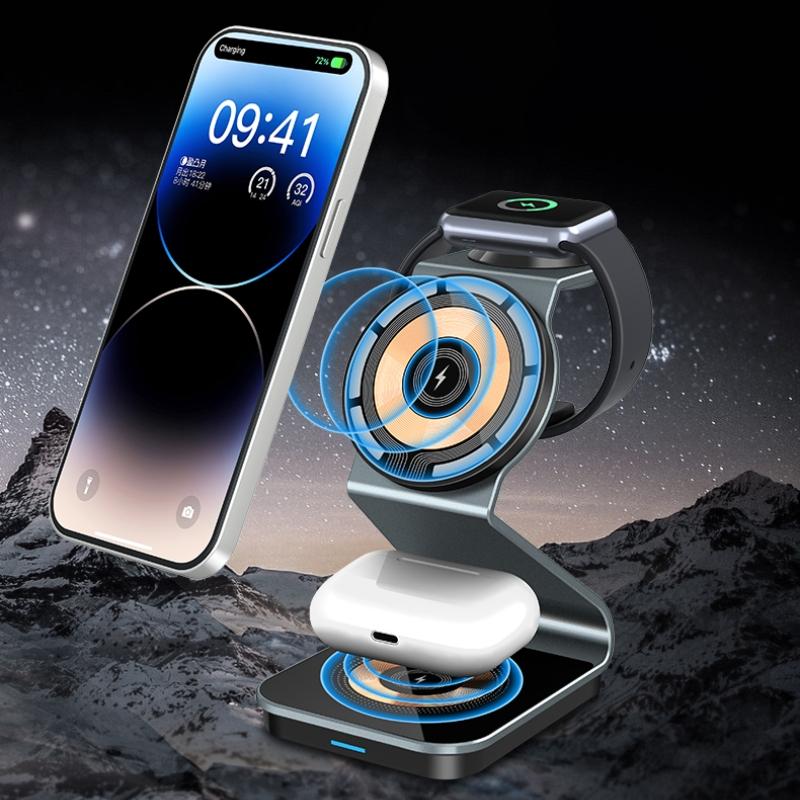 15w All In One Portable 3 In 1 Magnetic  Wireless Charger Multifunction 15W Fast Charging Dock Transparent Design Vertical Charger