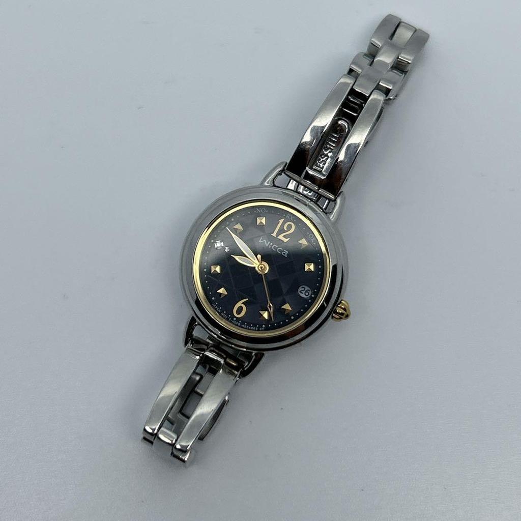 Used CITIZEN wicca solar radio clock diamond ladies black dial watch