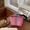 Weaving Hand Basket Colorful Handbag Handle Woven Shopper Bag Patchwork Striped Tote Purses Picnic Beach Bags