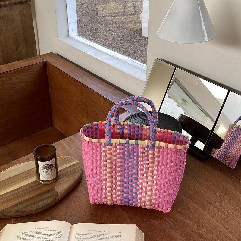 Weaving Hand Basket Colorful Handbag Handle Woven Shopper Bag Patchwork Striped Tote Purses Picnic Beach Bags