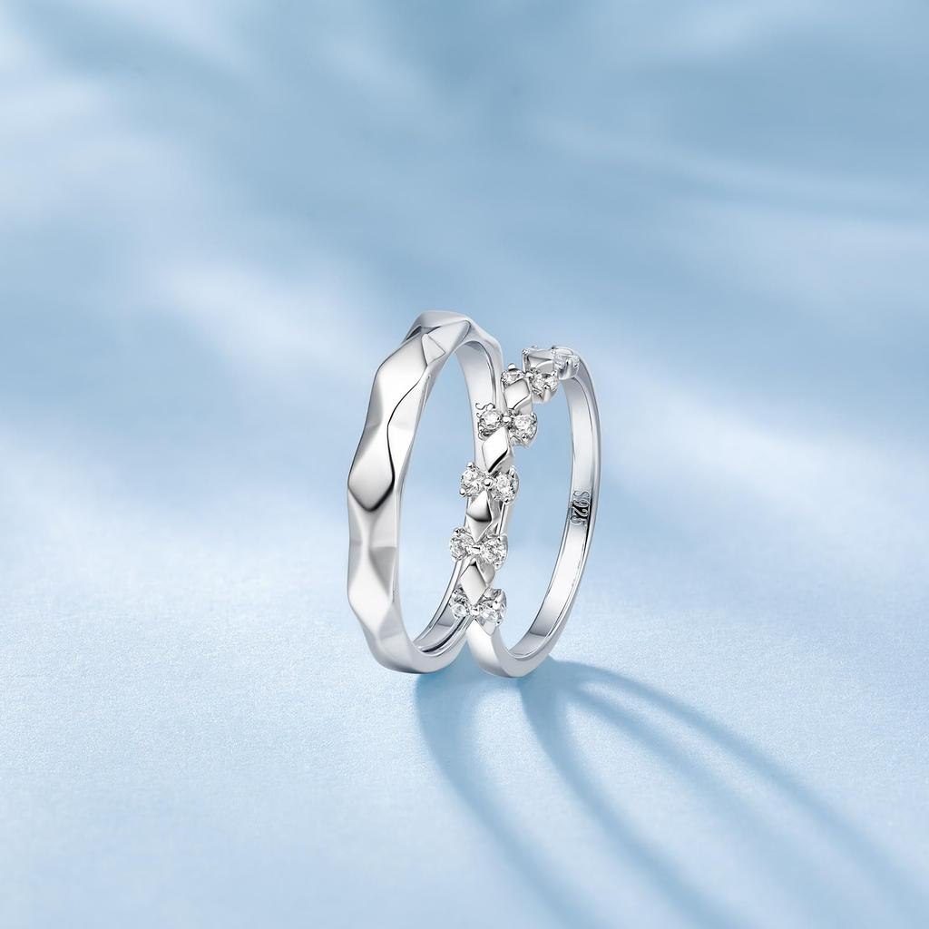 FANCIME Matching Rings for Men and Set of Ribbon Cut Rings with Zirconia and Sterling Silver Sparkling Couples Engagement Wedding White Day