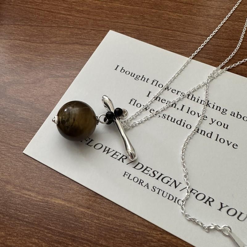 S925 Sterling Silver Niche Design Tiger Eye Maillard Necklace Korean Style Fashionable Texture Sweater Chain 925 silver