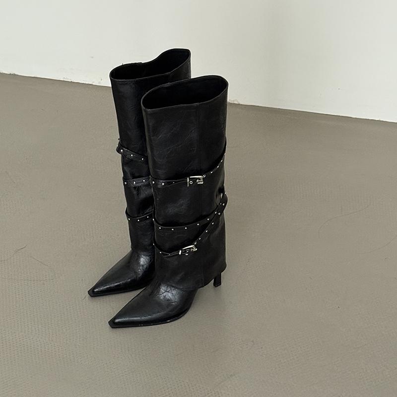 Night Club Pointed Toe Long Boots For Women High Heels Autumn Winter Shoes Ladies Belt Buckle Botas Mujes