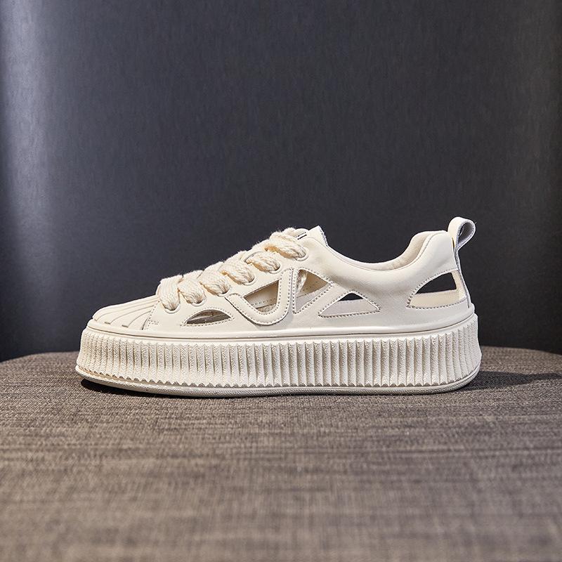 Women's Genuine Leather Summer White Sneakers - Shell Toe, Hollow Out, Thick Sole, Versatile Casual Skate & Sport Shoes.