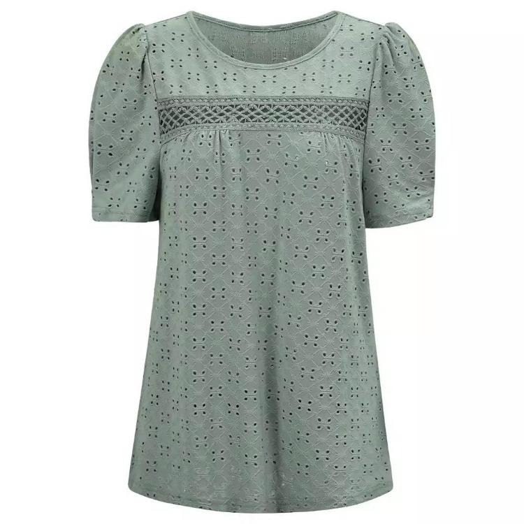Summer Casual Women's Lace Hollow Slimming T-Shirt Round Neck Short Sleeve Solid Color Blouse Spring Fashion