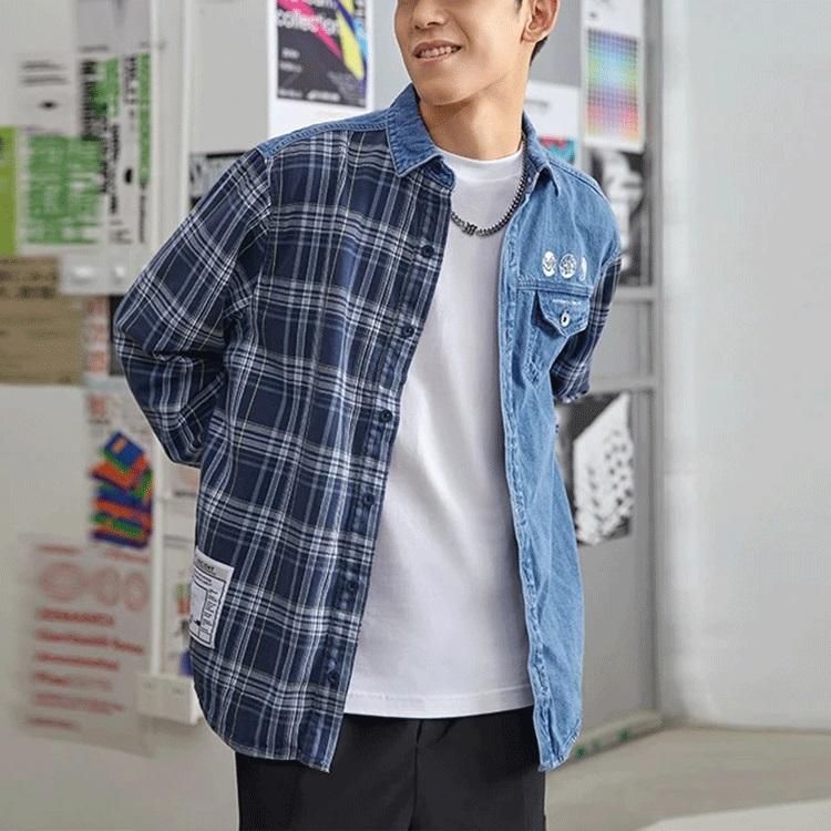 Li-Ning Loose Wash Denim Patchwork Shirt Unisex shirts Blue ASHR087-1