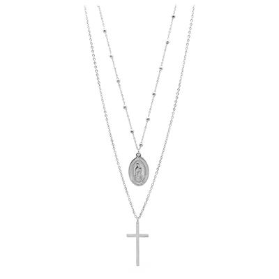 [Q5016] - Silver 'Boho' Steel Designer Necklace (2 Rows) - 45/55 Cm