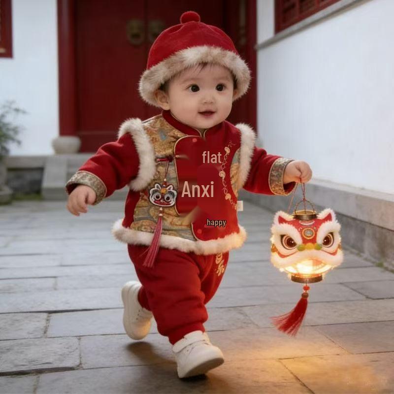 

Velvet Padded Tang Suit Infant Winter Set: Baby s First Birthday Formal Wear in Festive Red 110 cm