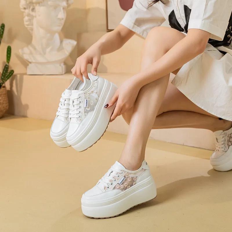 Fashion Hot sale 8cm Air Mesh Genuine Leather Embroider Women Breathable Hollow Chunky Sneaker Platform Wedge Flats Shoes Summer Sandals