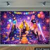 A 2D planar network stage-style birthday party backdrop, featuring fashionable characters and a highly technological stage