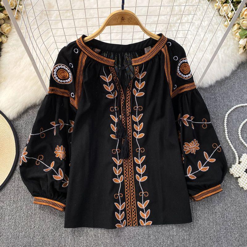 

Ethnic Style Long Sleeve Loose Cotton and Linen Pullover Casual Embroider Black One size