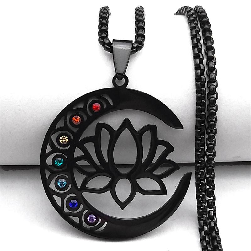 Flower Lotus Moon Pendant Necklace for Women Men Stainless Steel Silver Color 7 Chakra Healing Balance Chain Jewelry N9725S02