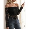 Pure Desire Spice One Line Neck Lace Top Women's New Sexy Slim V-neck with Elegant Off-the-shoulder Long Sleeve T-shirt