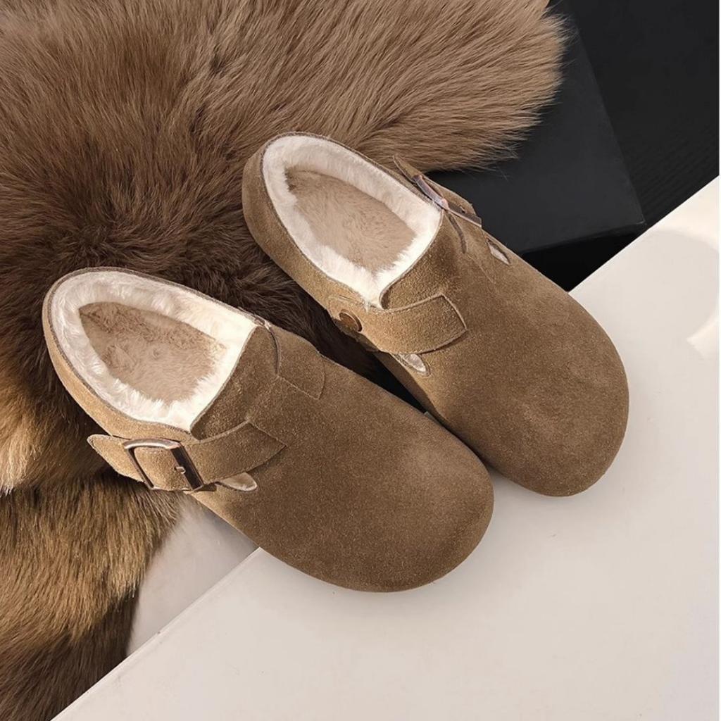 Leather Velvet Birkenstocks, Women'S Autumn Winter Wool Cotton Shoes, Snow Boots, One Pedal, All-Inclusive Birkenstocks, Low Heels And Wear-Resistant