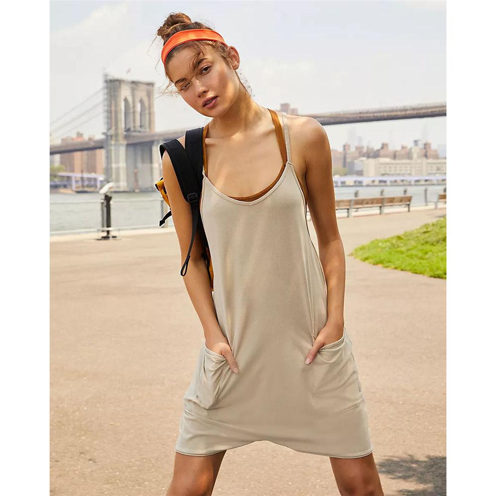 Women Shorts Summer Plain Relaxed Non-Adjustable Back Strap Pants Pocket Suspen Der Knit Jumpsuit