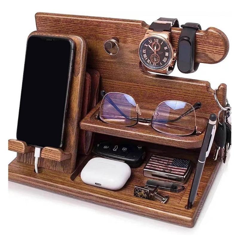 Wood Docking Station Farmhouse Nightstand Organizer Phone Wallet Jewelry Watch Stand Key Holder Bedside Birthday Gift