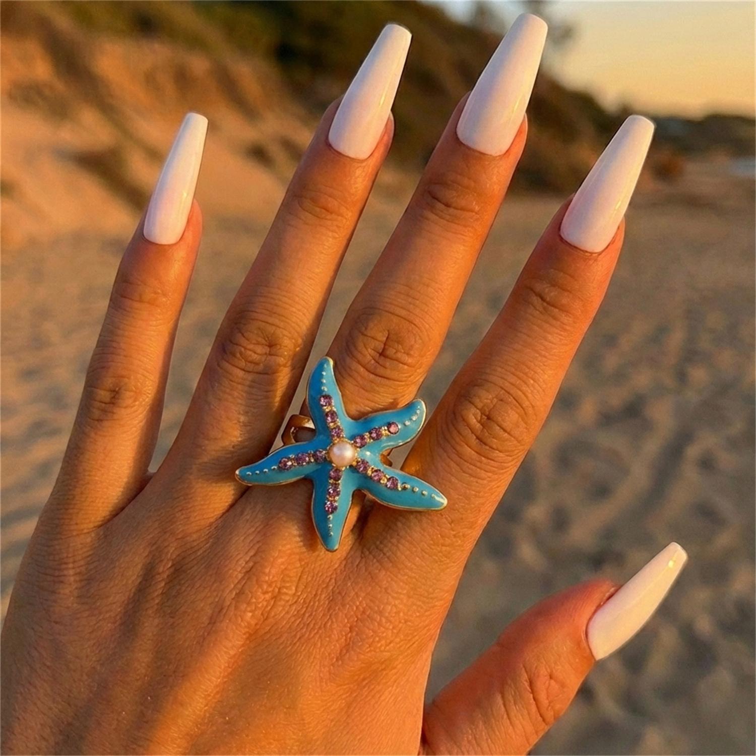 

Charm Pink Rhinestone Starfish Ring for Exaggerated Blue Enamel Wrinkled Starfish Adjustable Ring Girl Summer Beach Jewelry