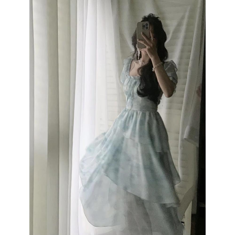 Irregular Chiffon Dress Summer New Design Feeling Fairy Waist Cinching Slimming Floral Dress