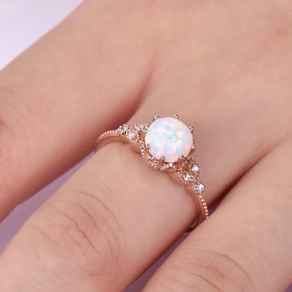 Elegant European & American 18k Rose Gold Plated Moonstone Diamond Engagement Ring with White Opal