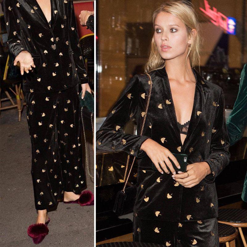 

Velvet Embroidery Golden Petal Ankle-Length Pants Fashion Suit One-piece show gold leaf velvet cropped pants S