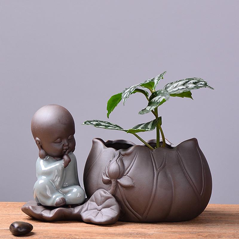 DXUIALOI Neu Chinesisch Kreativ Hydrokultur Pflanzen Chrysantheme Kupfer Geld Blumentopf Vase Zen Keramik Handwerk Heimdekoration