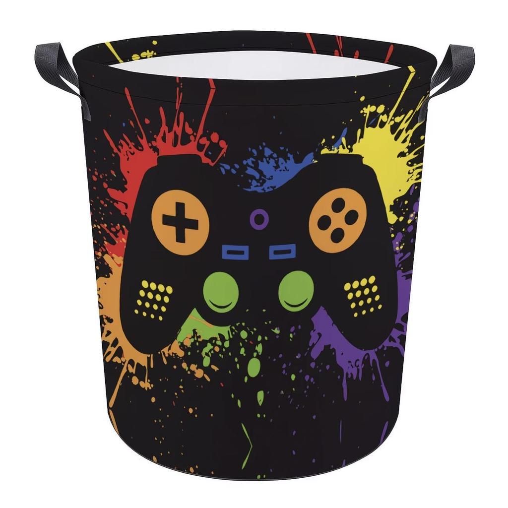 Colorful Game Controller Print Laundry Basket with Handles - Bathroom & Household Clothes Storage