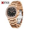 OFNS Men's Classic Quartz Watch: Square Diamond-Inlaid Dial, Dual Calendar, Waterproof, Two-Hand Design