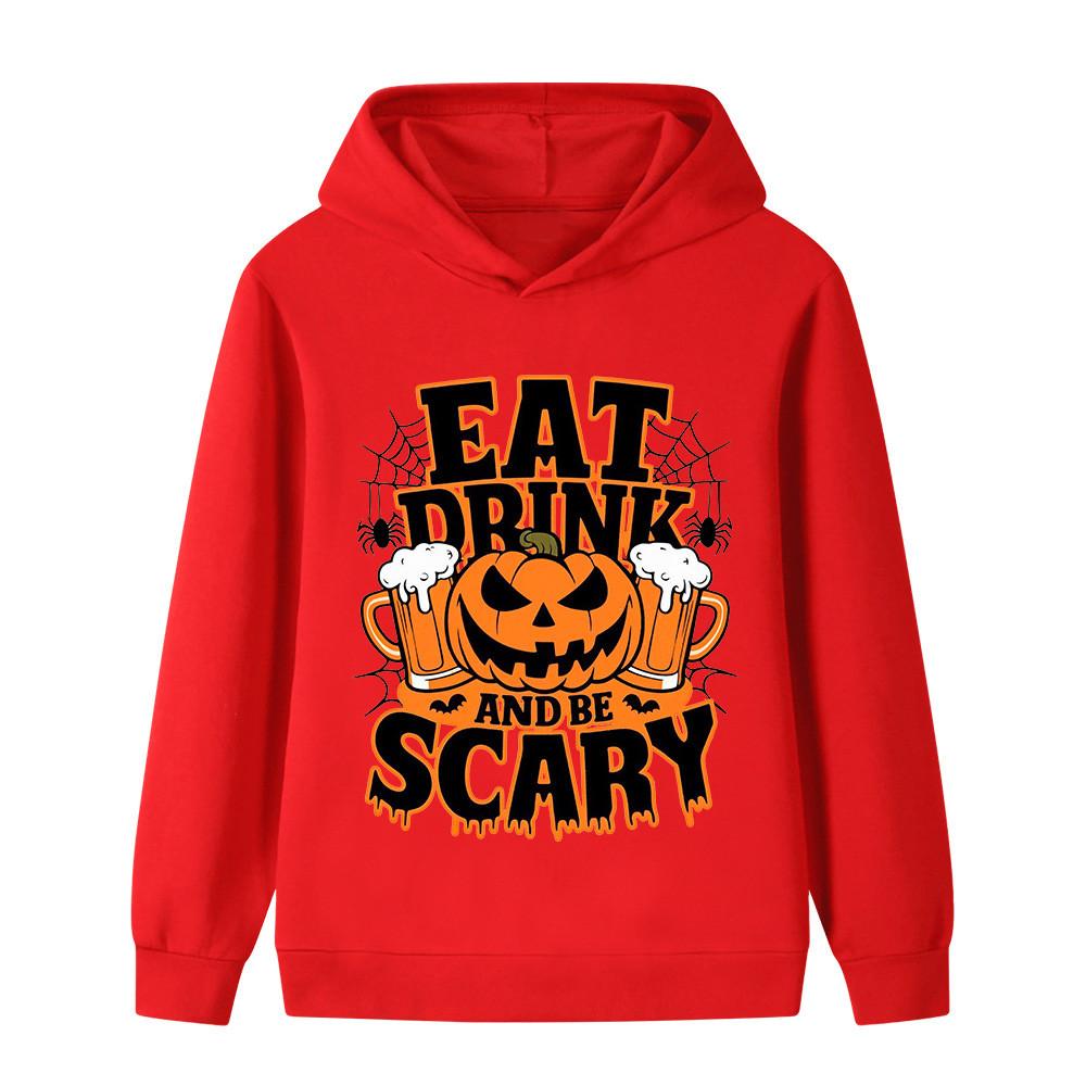 Soft Children Hoodie, Halloween Pumpkin Beer Cup Spider Web Slogan Print, Autumn Winter Long Sleeve Pullover Sweatshirt For Kids Daily Wear
