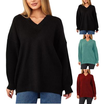 Women's Solid Color Long Sleeve V-neck Sweater Loose Jumper To Wear The Top