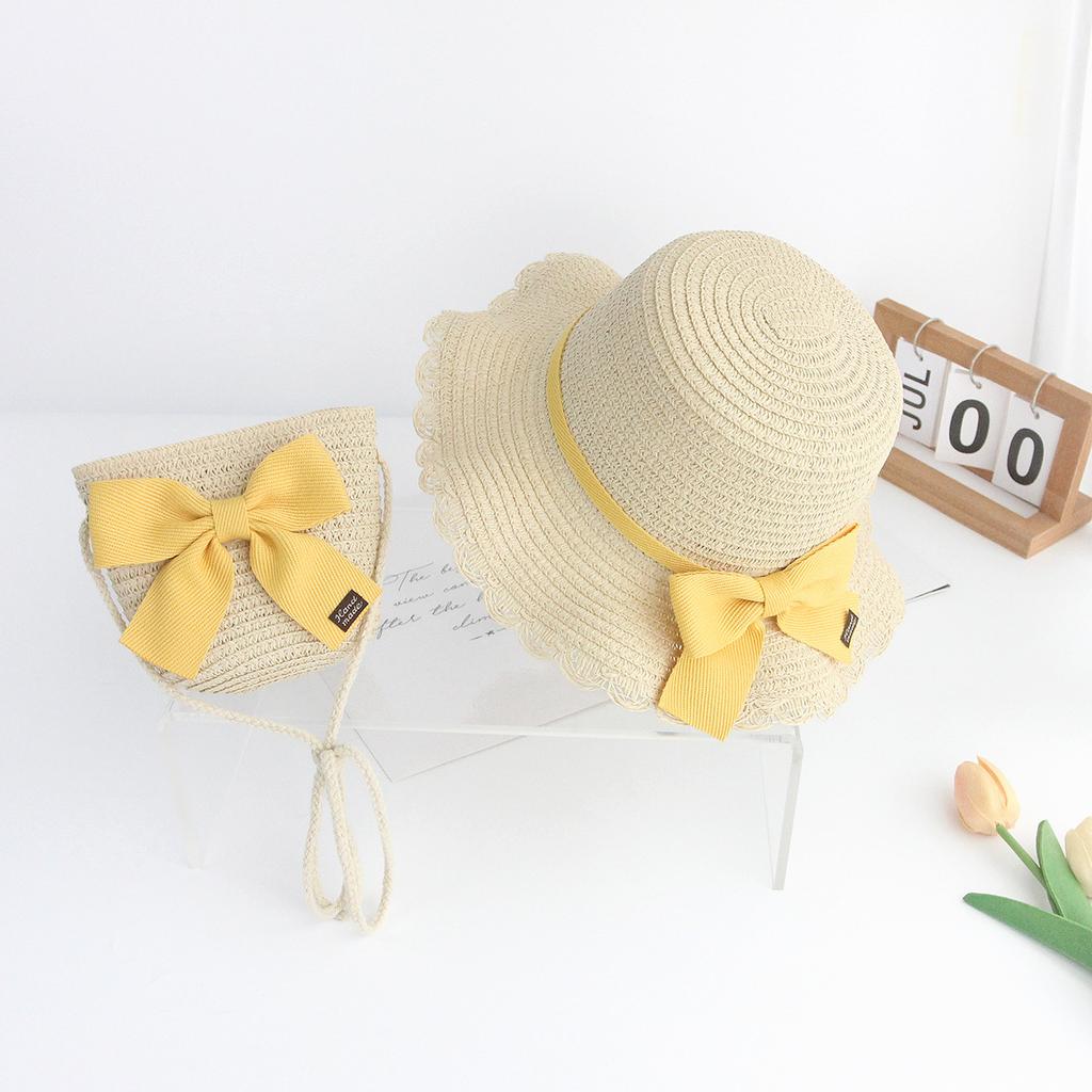 2026 New Summer Braided Children's Sunshade Straw Hat Lace Bow Braided Sun Hat Bag 2 Sets