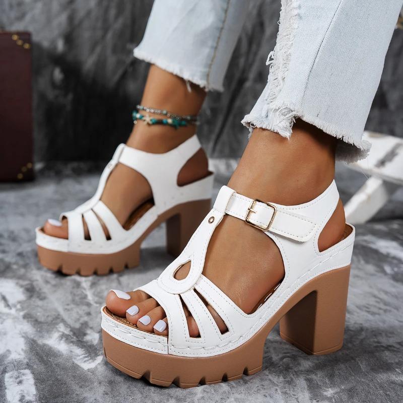 Ethnic Style Roman Line Sandals Summer Casual European American Thick Heels Women's High Heels