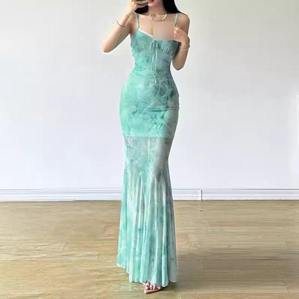 Female Summer Girl Wind Vacation Style Print Suspender Dress Hip Skirt Waist Fishtail Skirt Long Skirt