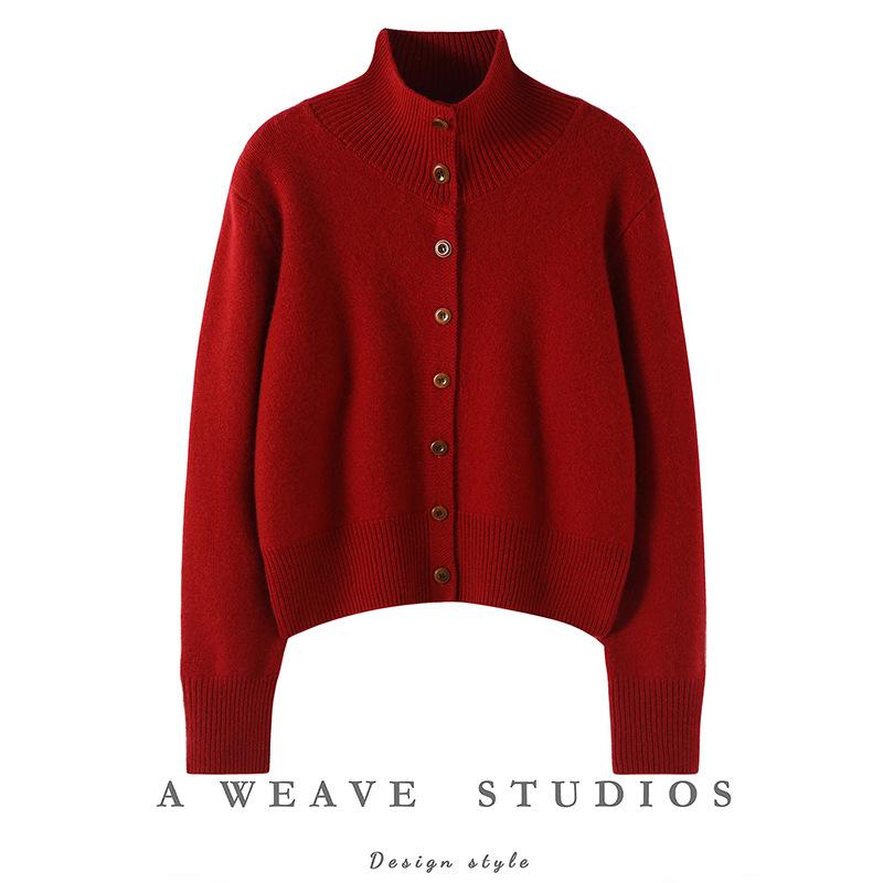 Women's Three-Ply Thickened Cashmere Knit Cardigan: Loose, Slimming, Half-High Collar Single-Breasted Outerwear for Autumn and Winter
