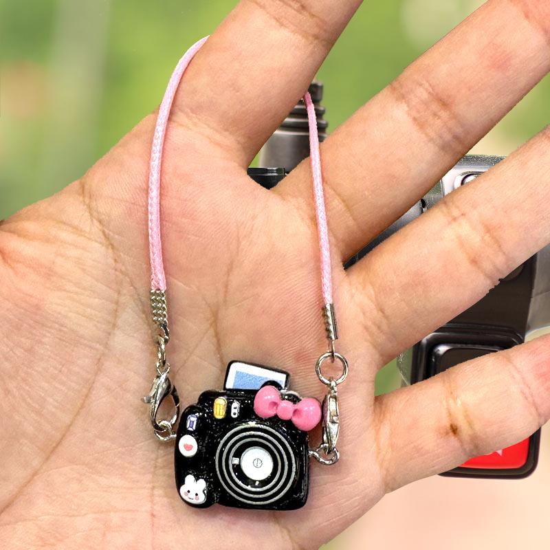 Miniature Camera Pendant Dollhouse Accessory with Bow Knot Lanyard
