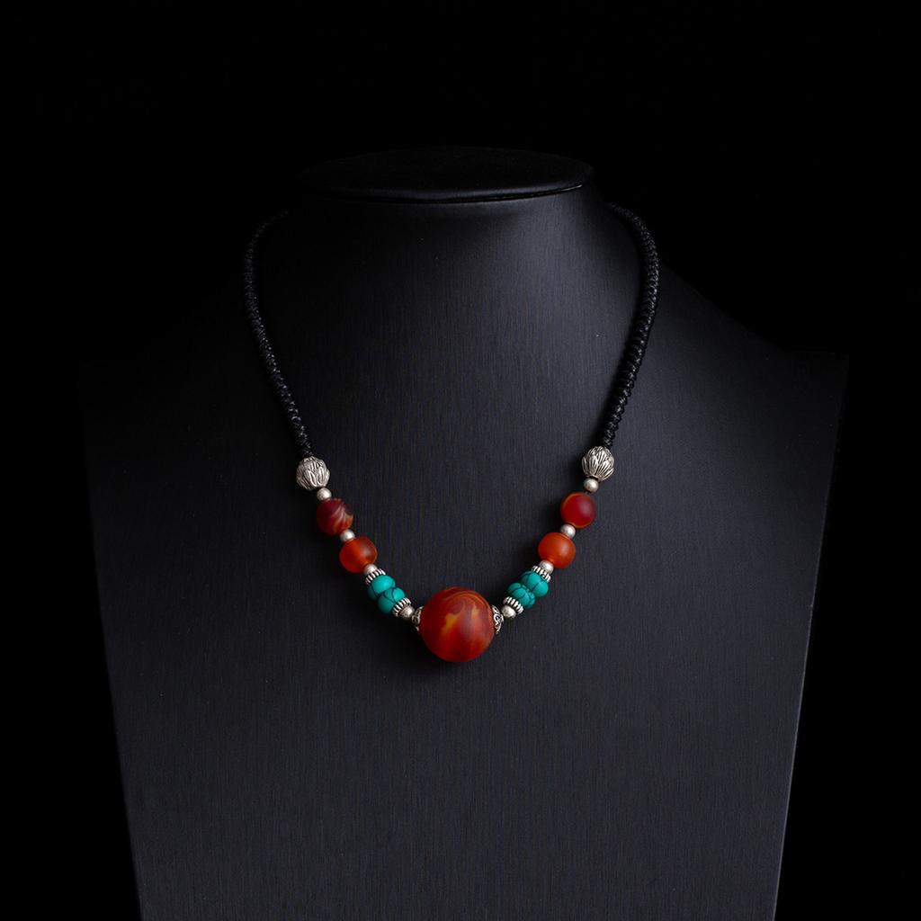 Vintage Zen Fashion Imitation Agate Pendant Necklace Collarbone Chain Couple Simple Ethnic Style Black Rope Chain Sweater Chain