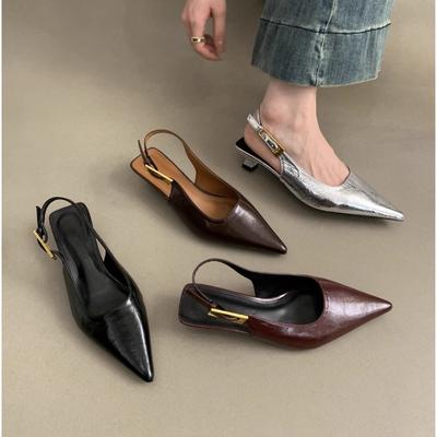 Fashion 2025 Black Summer New Women Sandal Fashion Pointed Toe Shallow Slip On Ladies Elegant Slingback Shoes Thin Med Heel Dress Mules